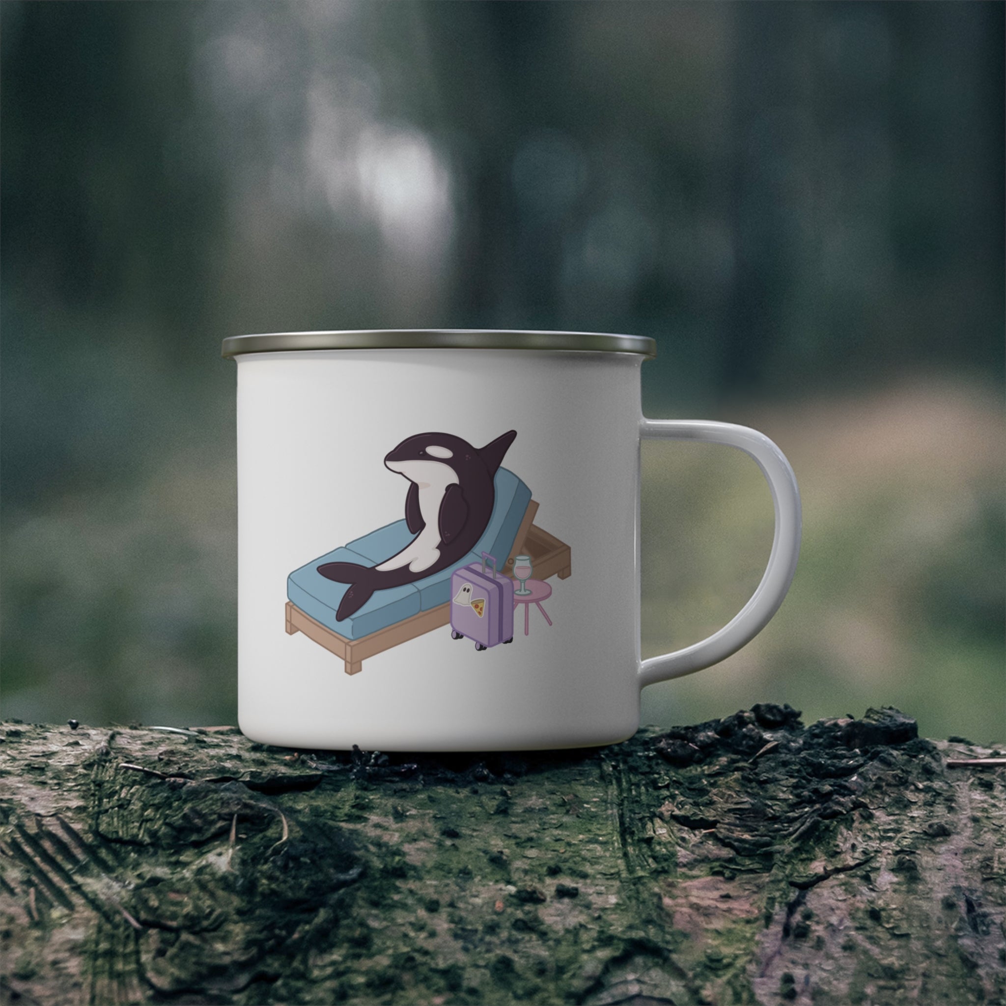 Orca Lounging on Beach Chair enamel camping mug | Whale Vacation Illustration