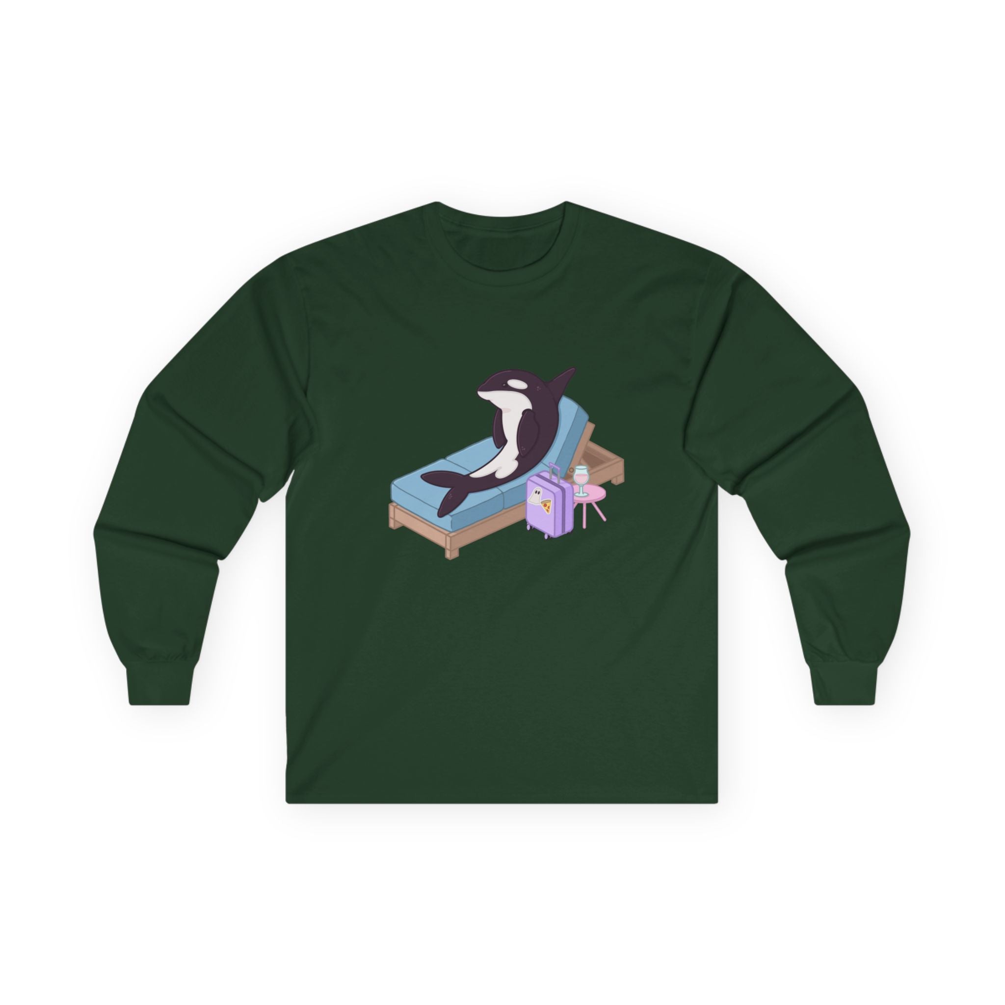 Orca Lounging on Beach Chair Long Sleeve Tee | Cute Whale Illustration