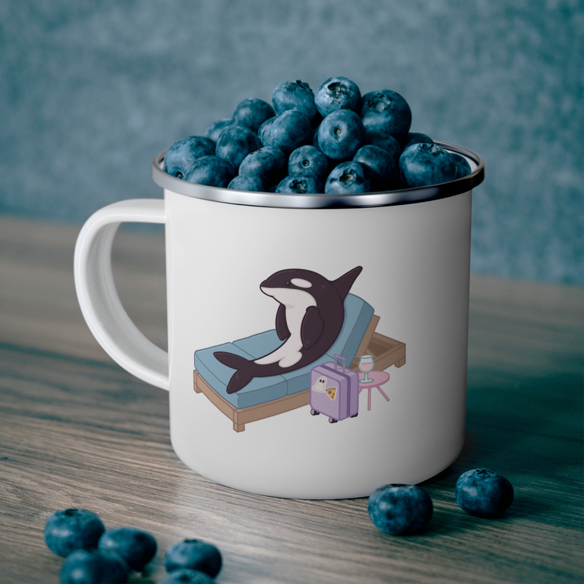 Orca Lounging on Beach Chair enamel camping mug | Whale Vacation Illustration