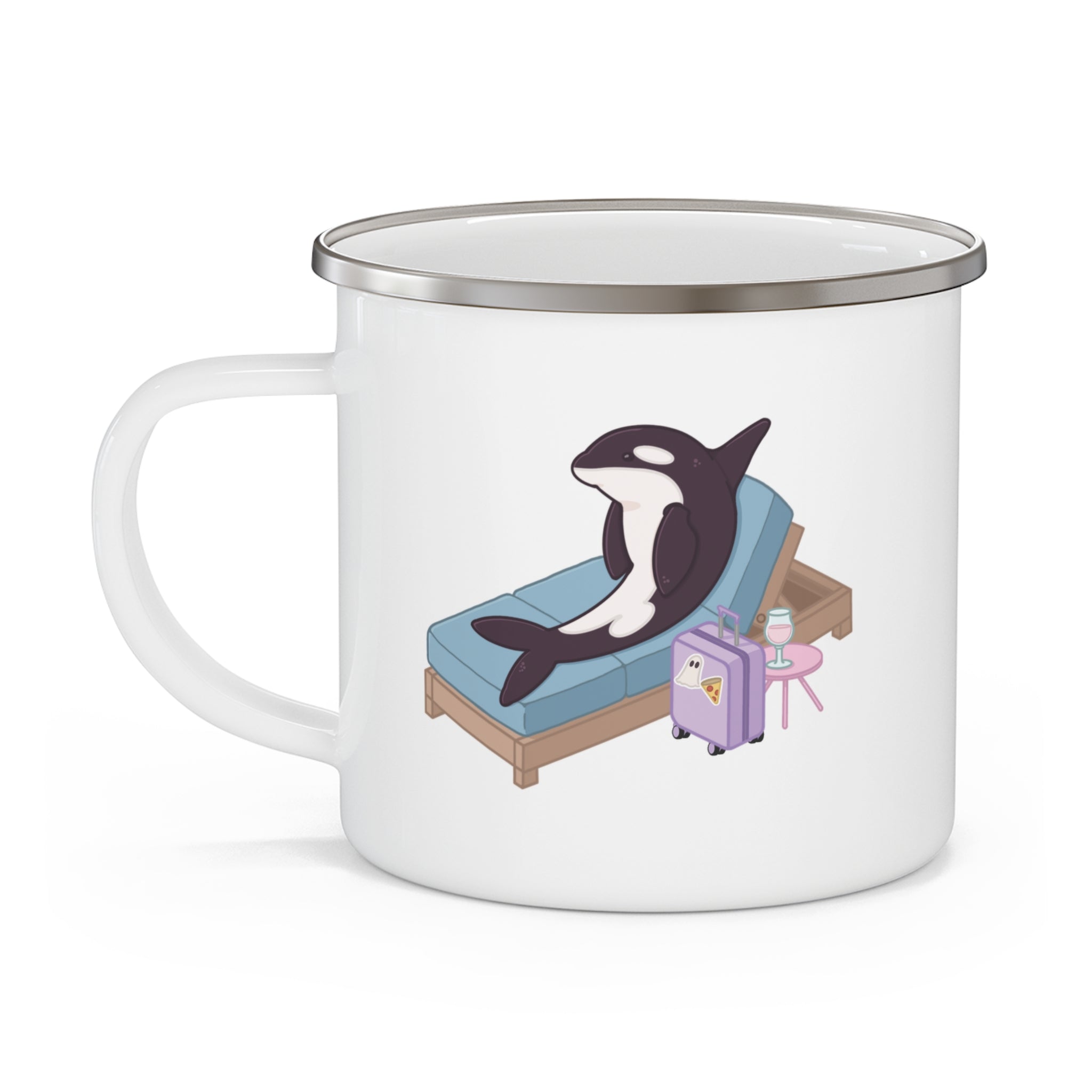 Orca Lounging on Beach Chair enamel camping mug | Whale Vacation Illustration