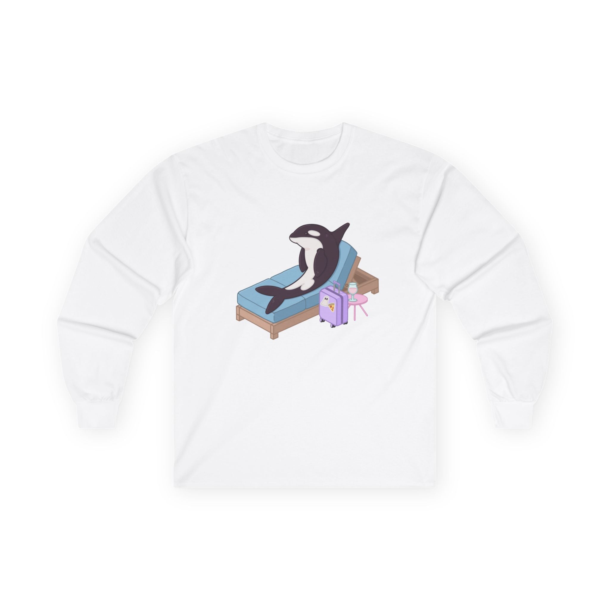 Orca Lounging on Beach Chair Long Sleeve Tee | Cute Whale Illustration