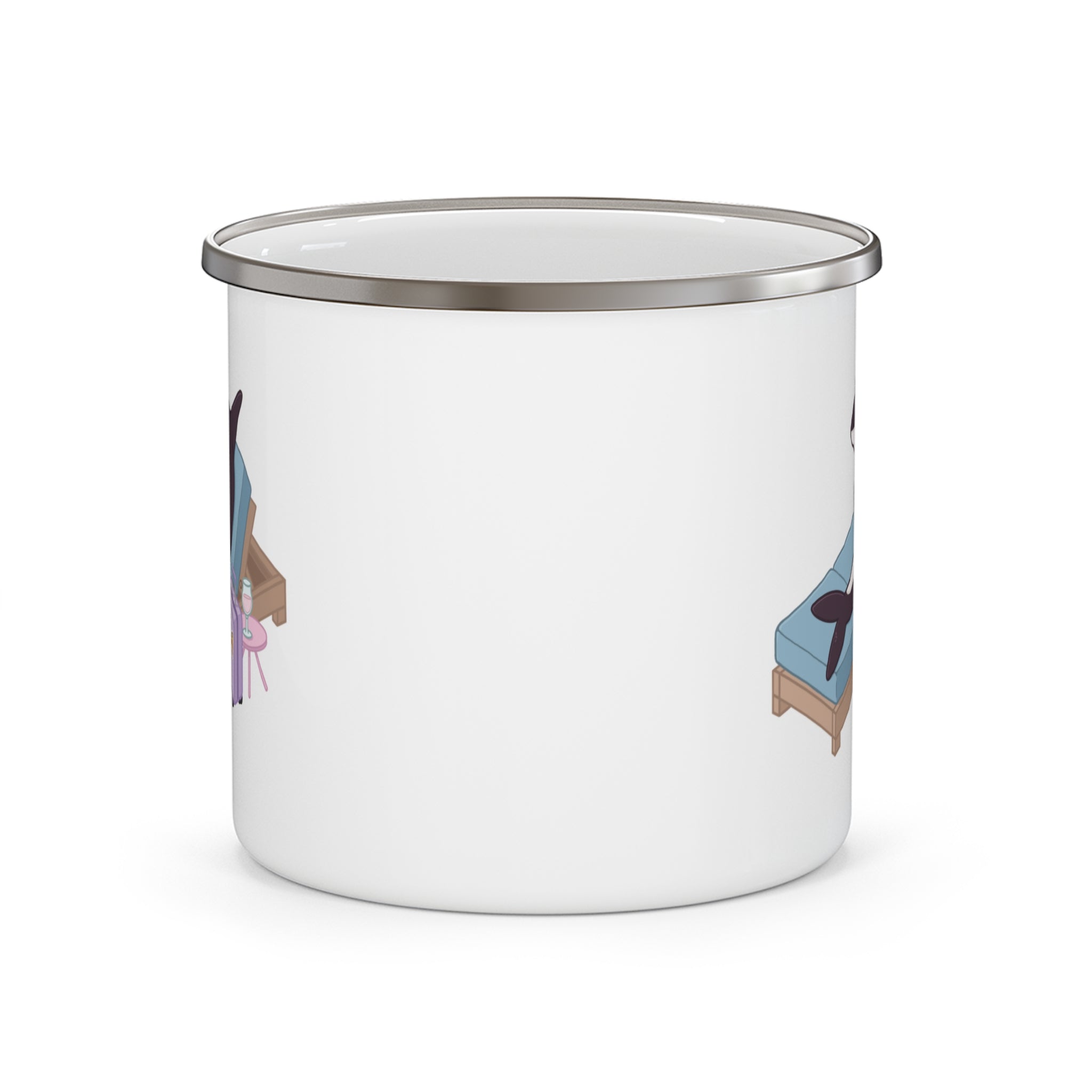 Orca Lounging on Beach Chair enamel camping mug | Whale Vacation Illustration