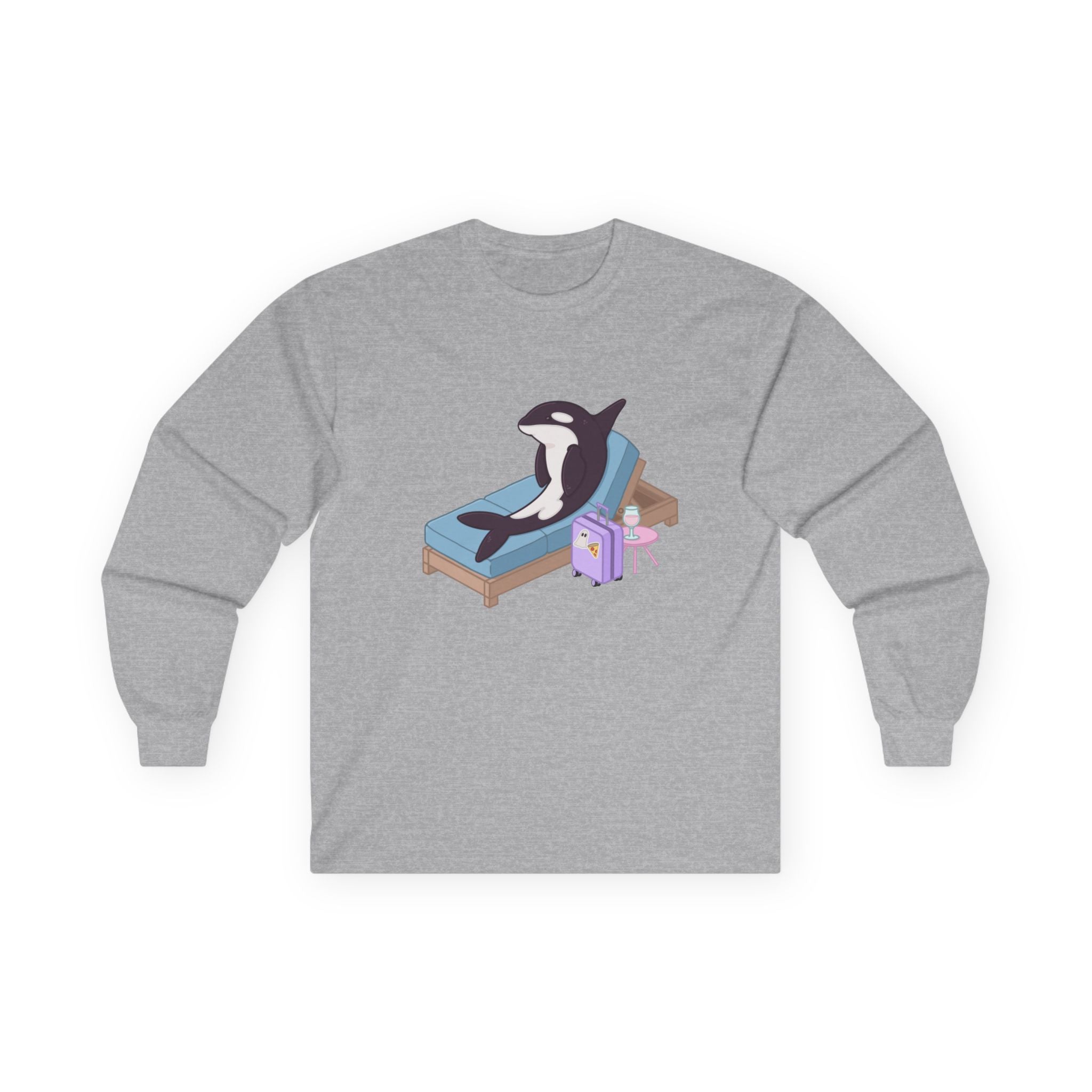 Orca Lounging on Beach Chair Long Sleeve Tee | Cute Whale Illustration
