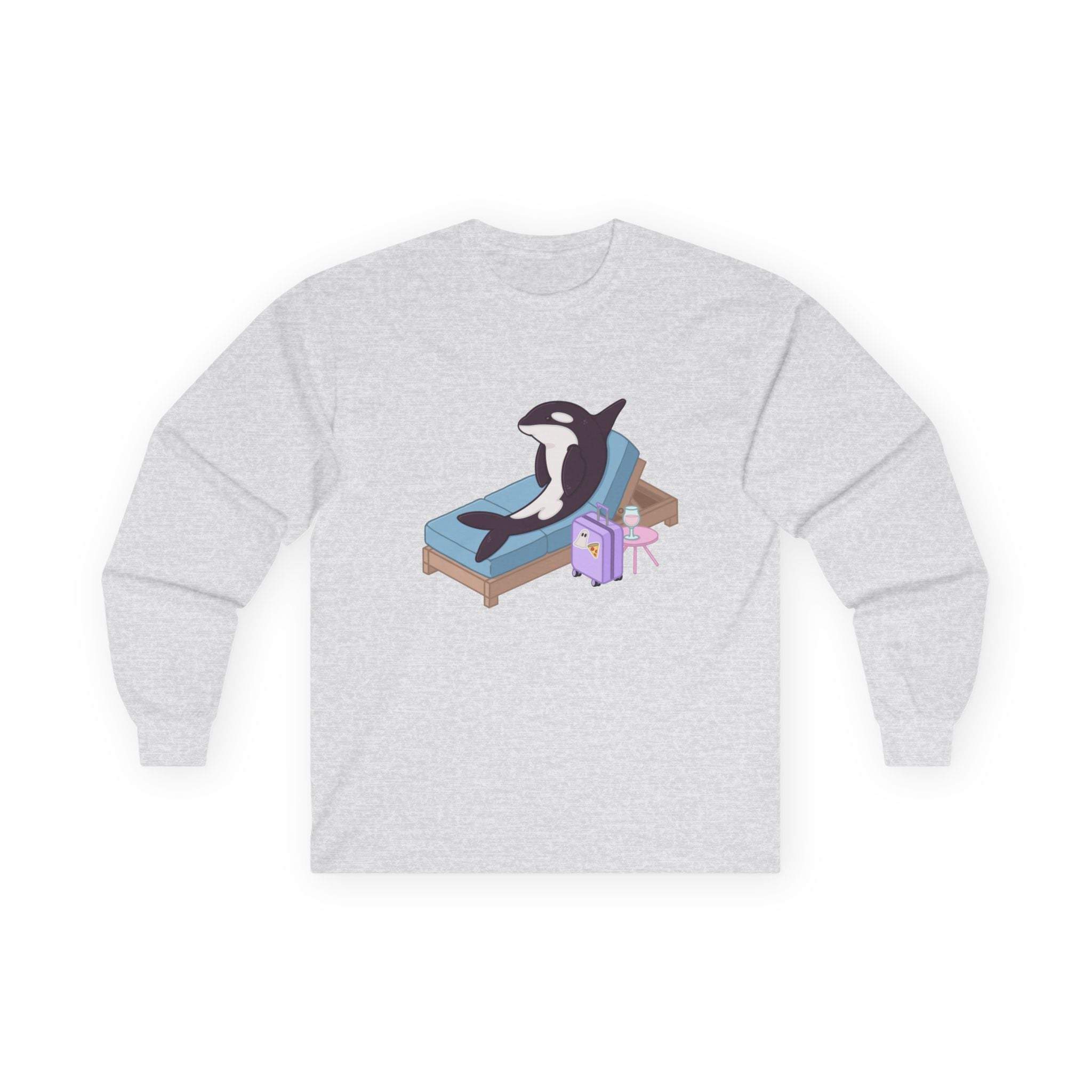 Orca Lounging on Beach Chair Long Sleeve Tee | Cute Whale Illustration