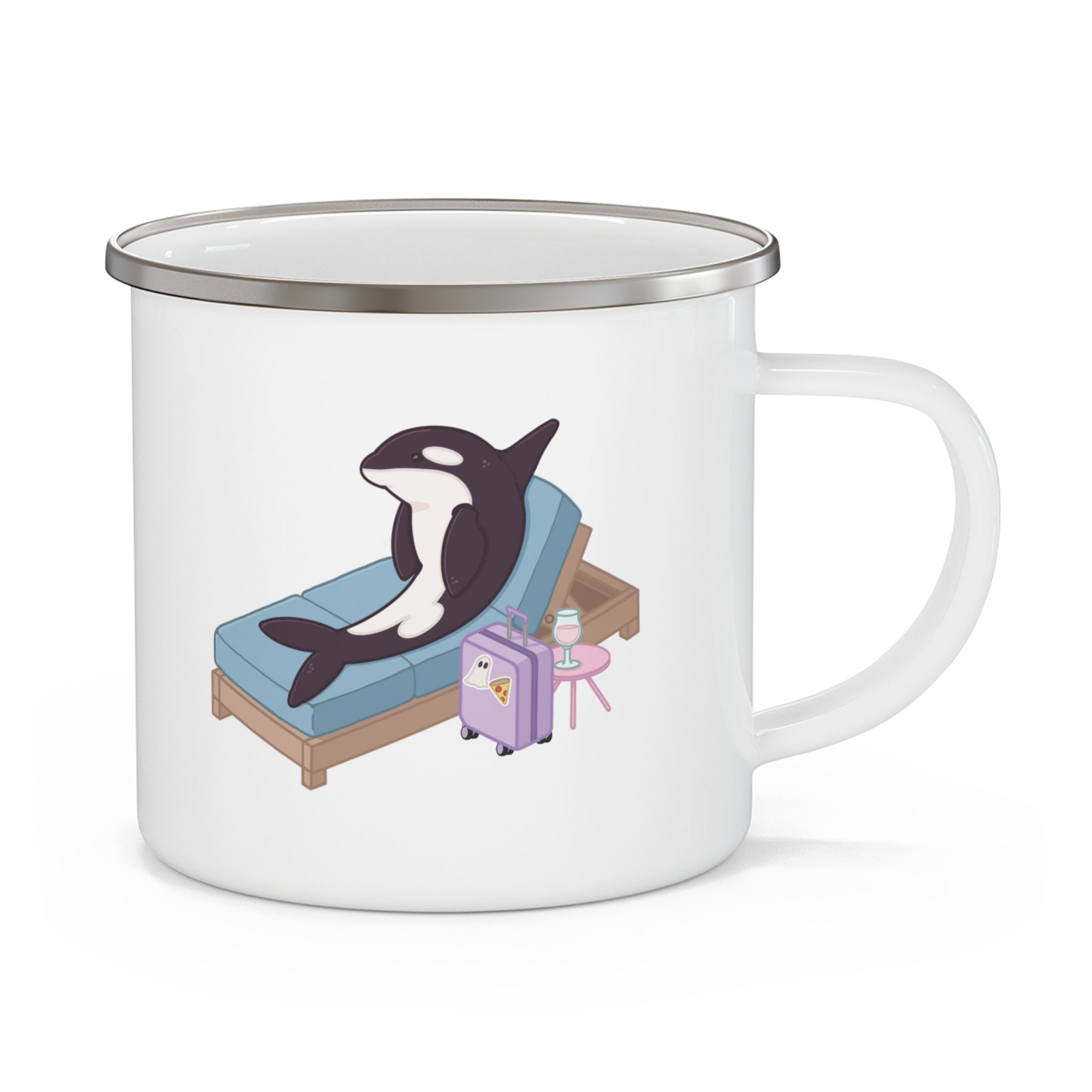 Orca Lounging on Beach Chair enamel camping mug | Whale Vacation Illustration