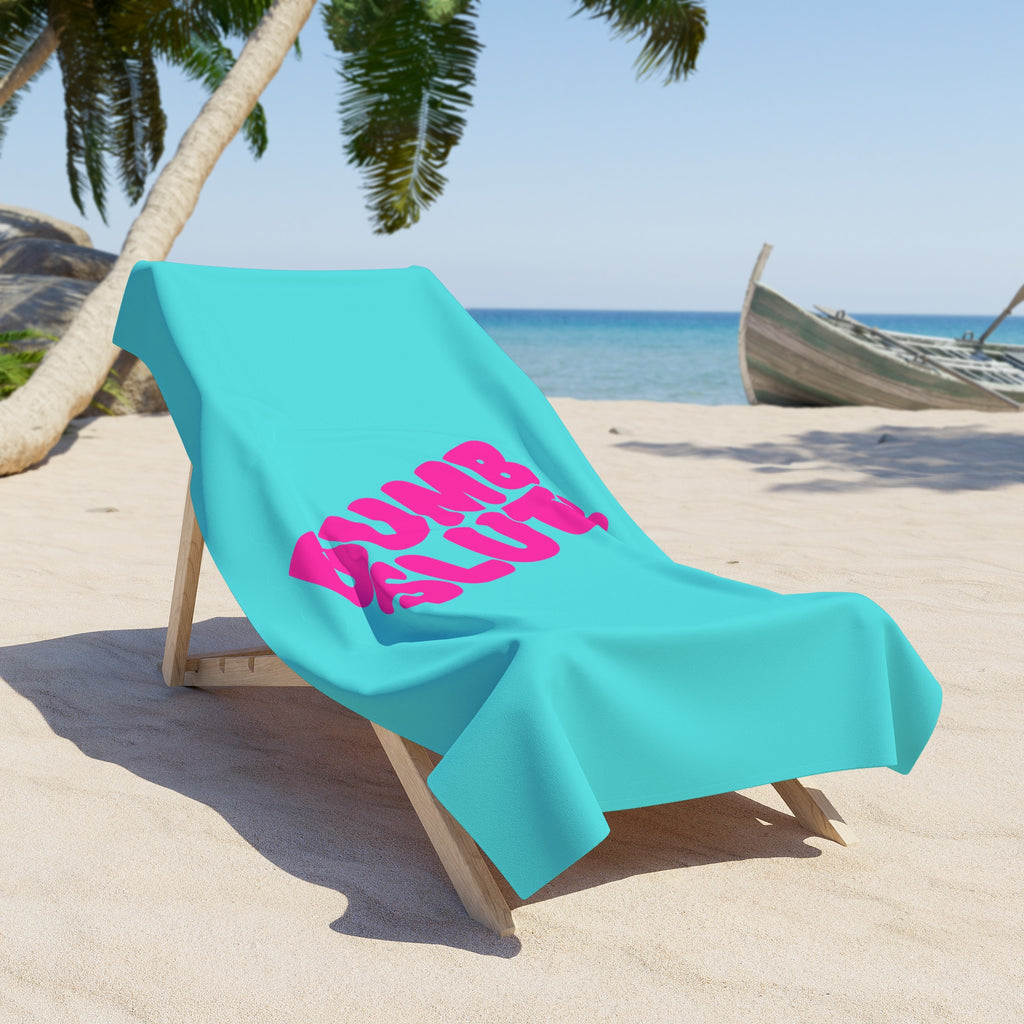 Beach Towel - "DUMB SLUT!" Retro Hot Pink Typography on Turquoise