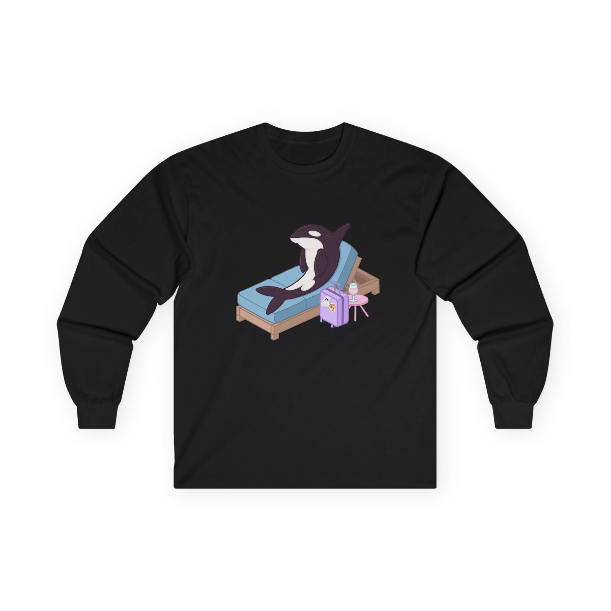 Orca Lounging on Beach Chair Long Sleeve Tee | Cute Whale Illustration